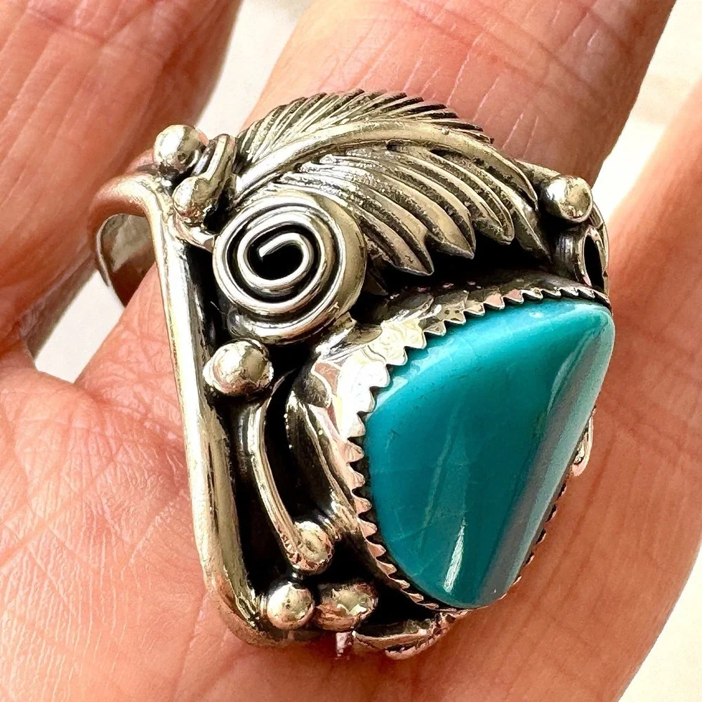 Navajo Turquoise Mens Ring Sz 14 Leaf Feather Signed Morgan Sterling Native Amer